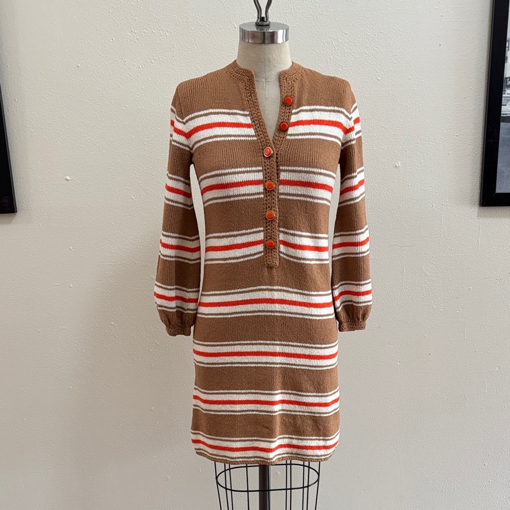 Vintage St John knits Striped Brown, Orange and White Knit Dress